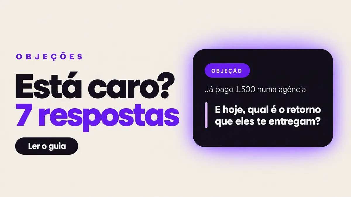 Capa do guia com 7 respostas para quando o cliente diz que está caro, com um card de objeção e resposta